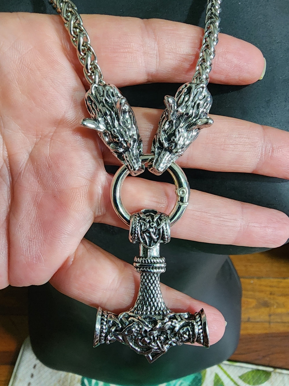 Viking Thor’s Hammer Mjolnir Wolf Head King Chain Necklace – Stainless Steel